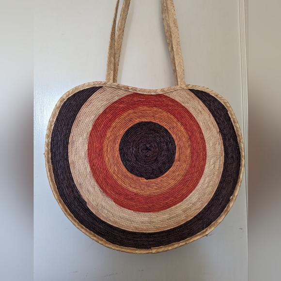 handmade Handbags - Straw bag with long straps and circle design